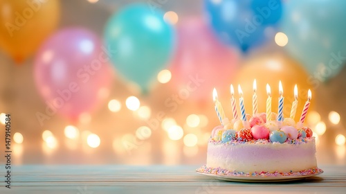 Birthday cake with lit candles on a party table, colorful balloons floating in the background, bright festive setting, soft lighting, layout includes empty space on the right for text or message