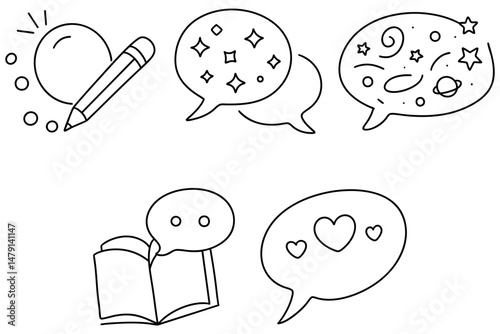Creative message chat icons featuring pencil, sparkling thoughts, and book, perfect for expressing ideas