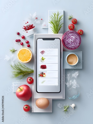 A vibrant arrangement of various fresh ingredients surrounding a smartphone, depicting a healthy lifestyle.