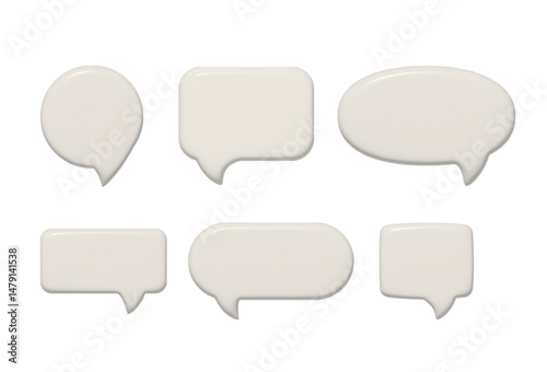 Set of 3d white empty speech bubbles. Social media chat message signs. Different shapes of bubbles talk. Rendering of various text bubble shapes. 3D chat box icons of different shapes include circle