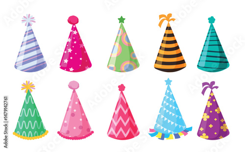 Party hat elements clipart set. Colorful birthday party hat with printed pattern clip art collection for happy celebration flat festive cone decoration vector illustration.
