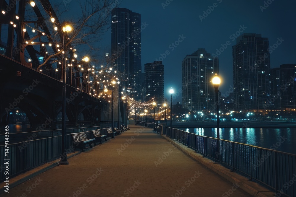 Fototapeta premium Nighttime stroll along Diversey Harbor in Chicago with city skyline views, Diversey Harbor Chicago 60p