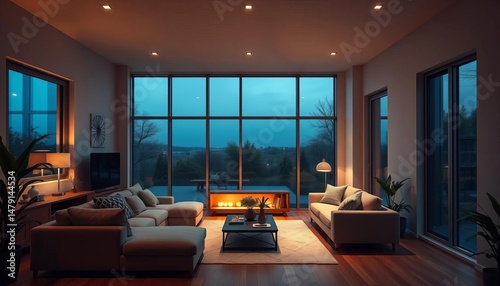Cozy cube house  large windows  modern living room interior  night lighting   minimalist   modern living room