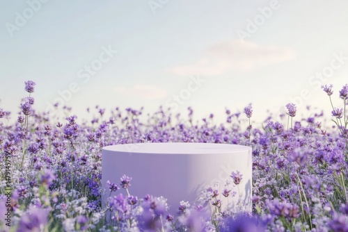 Lavender podium with wild flowers for product presentation
