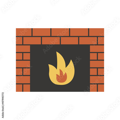 Brick Fireplace with Fire Icon. Classic chimney with flame vector illustration in flat style. Comfortable atmosphere rustic interior design element