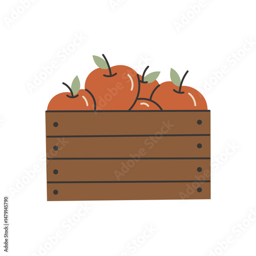 Box of red Apples. Wooden crate container with harvest. Fresh organic fruits with leaves. Farming Market Flat vector illustration