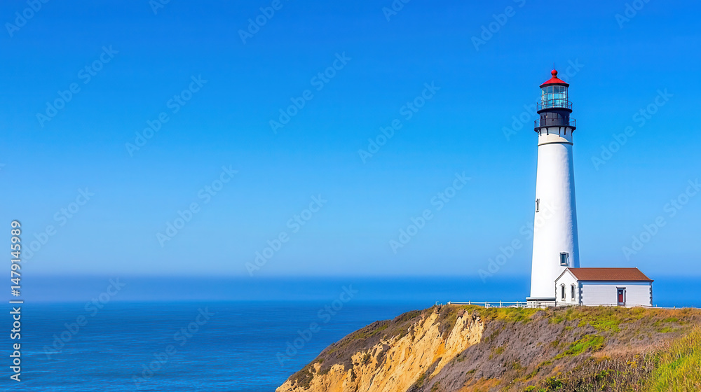 Scenic view of lighthouse on cliff overlooking ocean, with clear blue sky and vibrant colors creating serene atmosphere Scenic view of lighthouse on cliff overlooking ocean, with clear blue sky and vibrant colors creating serene atmosphere