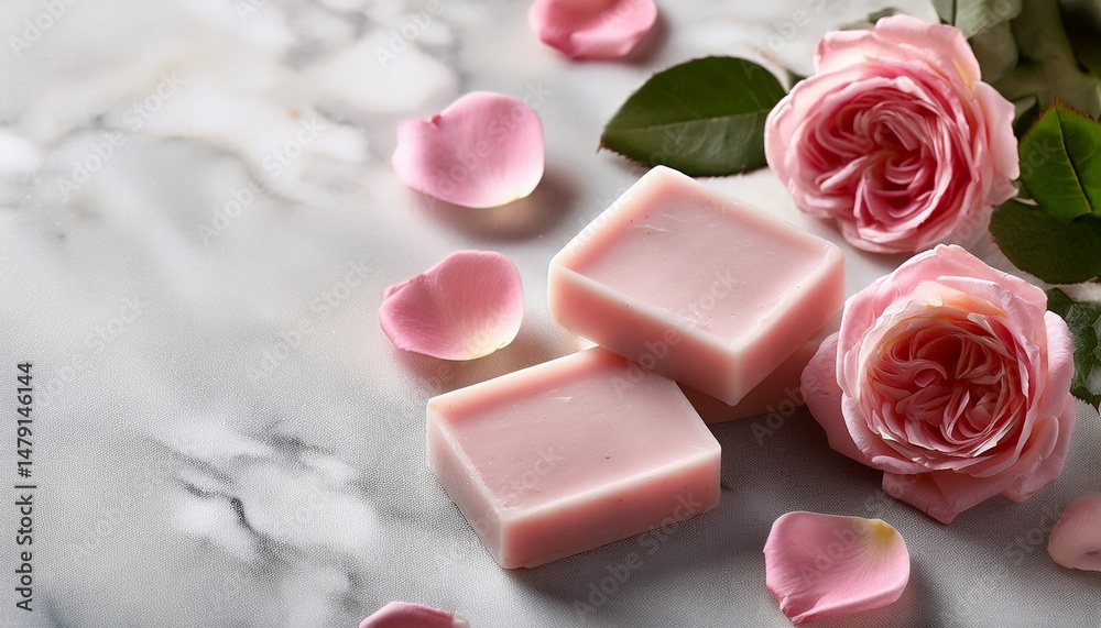 Handmade rose soaps on gray and white marble background with pink rose flowers. Generated image Handmade rose soaps on gray and white marble background with pink rose flowers. Generated image