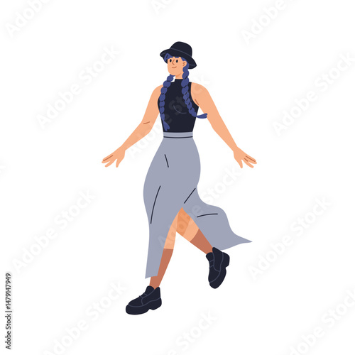 Young fashion woman walking in modern style outfit. Stylish girl with braids,...