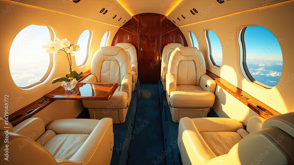 Fototapeta premium Luxurious private jet interior with elegant seating and stunning aerial views through the windows
