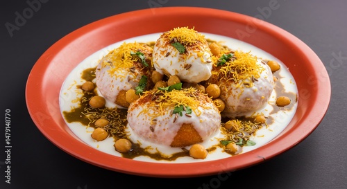 Dahi Bhalla: Creamy Indian Snack, Vibrant Spices, and Golden Garnish photo