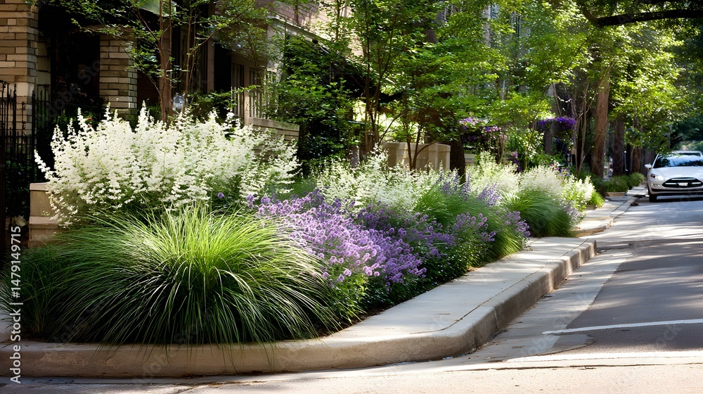 Obraz premium border with perennials, shrubs, and ornamental grasses