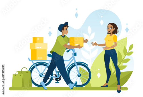 Delivery. A courier on a bicycle delivers a parcel to a customer. The banner concept of the goods and food delivery service. Vector illustration in a cartoon flat style