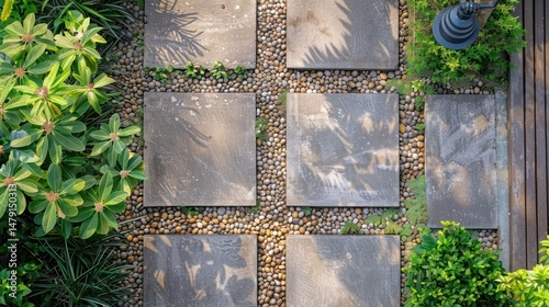 Garden walkway with square paving stones