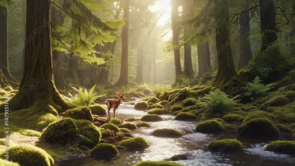 Sunlight streams through lush forest