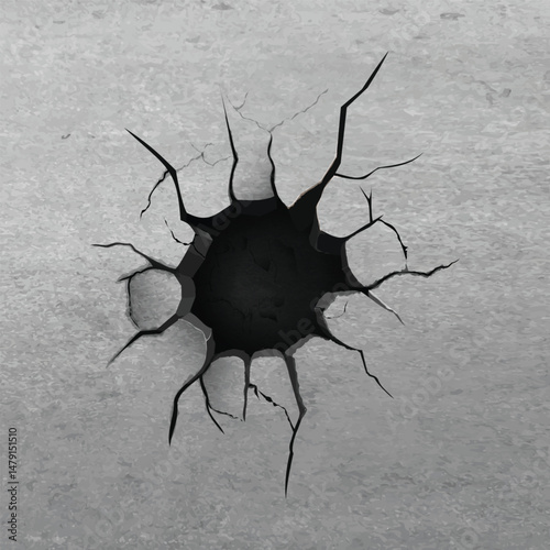 Concrete gray wall with hole and crack. Realistic texture with damage.
