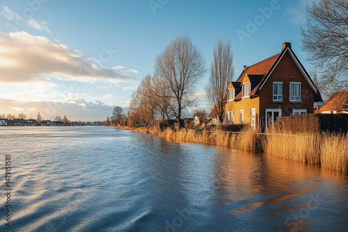Picturesque Dutch waterfront homes under a serene winter sky.
