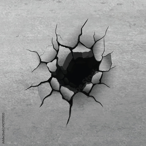Concrete gray wall illustration with hole and cracks.
