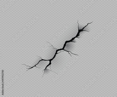 Realistic wall crack effect, vector illustration of land erosion or crashed ground texture, destruction fracture surface