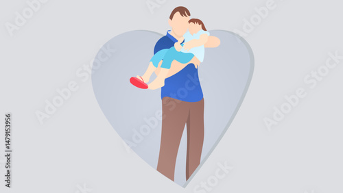 Vector illustration of a young father carrying his daughter with love. Flat design character.
