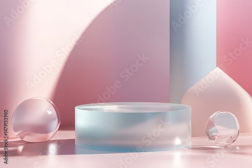 Frosted glass podium with pastel geometry for product presentation