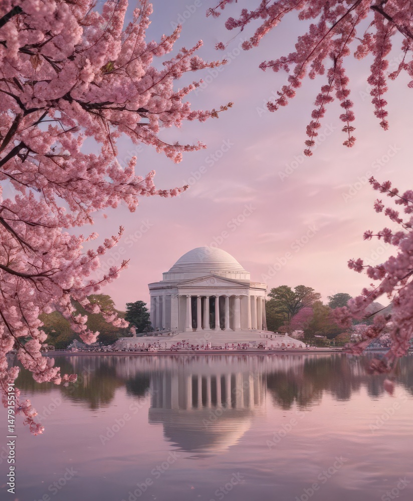 Obraz premium Pink cherry blossoms frame Jefferson Memorial, spring, clouds