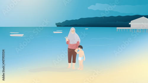 Vector illustration of a woman in hijab holding a boy's hand taking a picture on the beach. Selfie photo of a woman in hijab on vacation at the beach with her son. Flat character design