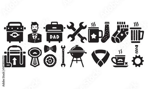  Father's day flat icon set celebratory dad symbols for holiday gifting tie, barbecue, wrench, mug, socks, medal, mustache, portrait vector, illustration