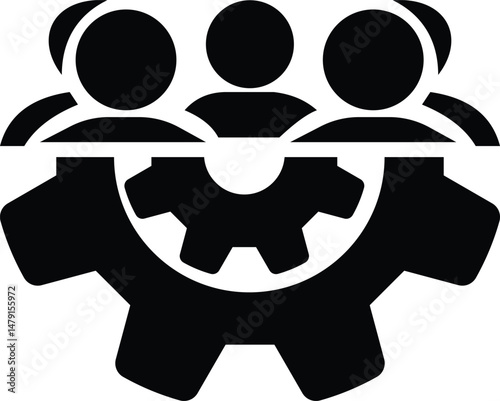Team work icon, four people in a gear icon, Community group symbol. Line team work icon. Team work vector illustration