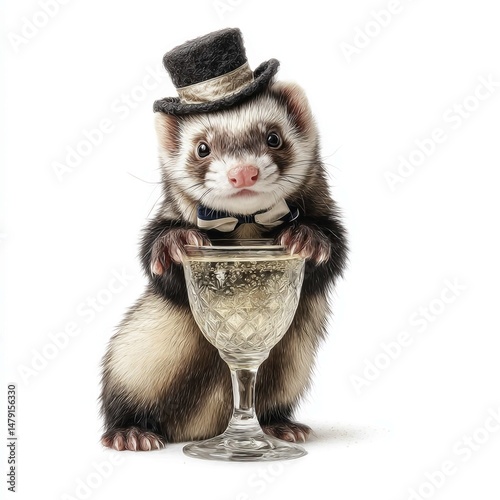 Charming Ferret with Top Hat Leans on Sparkling Champagne Glass on White