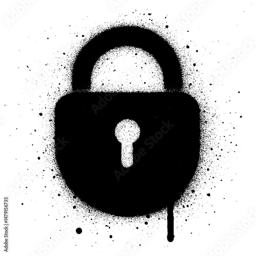 Creative black and white graffiti illustration of a padlock icon, designed with a rough spray paint texture and dripping ink effect.