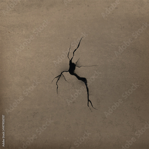Vector cracked brown surface with a hole. Realistic textured concrete wall with cracked.