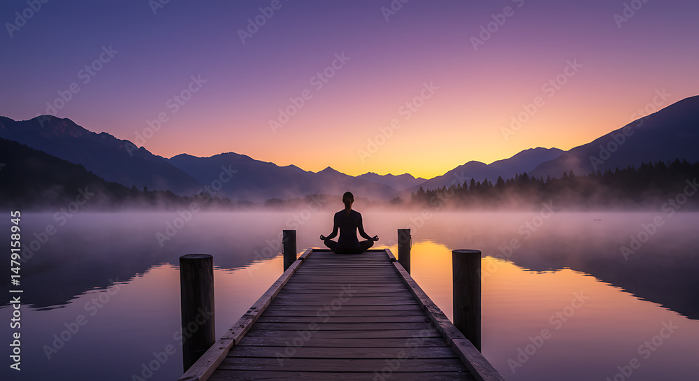 Naklejka premium Serene sunrise over misty mountain lake with a person meditating at dawn