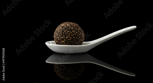 Exotic black sesame seed ball placed on elegant white porcelain spoon photo