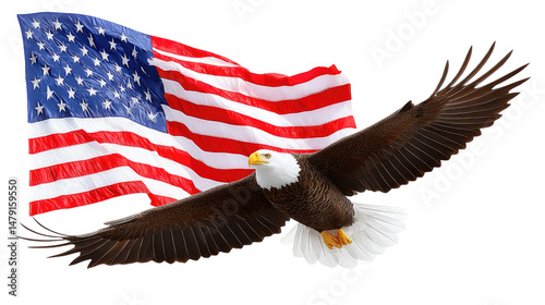 Bald Eagle in Flight with American Flag Background Celebrating Patriotism and Freedom Symbolism