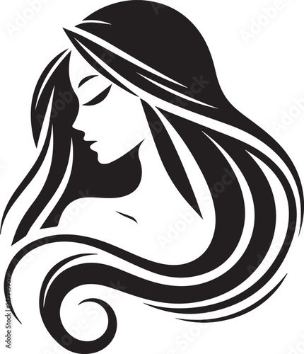 long hair Silhouette on White Background