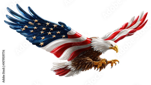 Majestic Bald Eagle Soaring with American Flag Wings and Vibrant Colors Representing Freedom and Patriotism