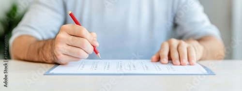Person Writing on Document with Red Pen on Wooden Table Surface