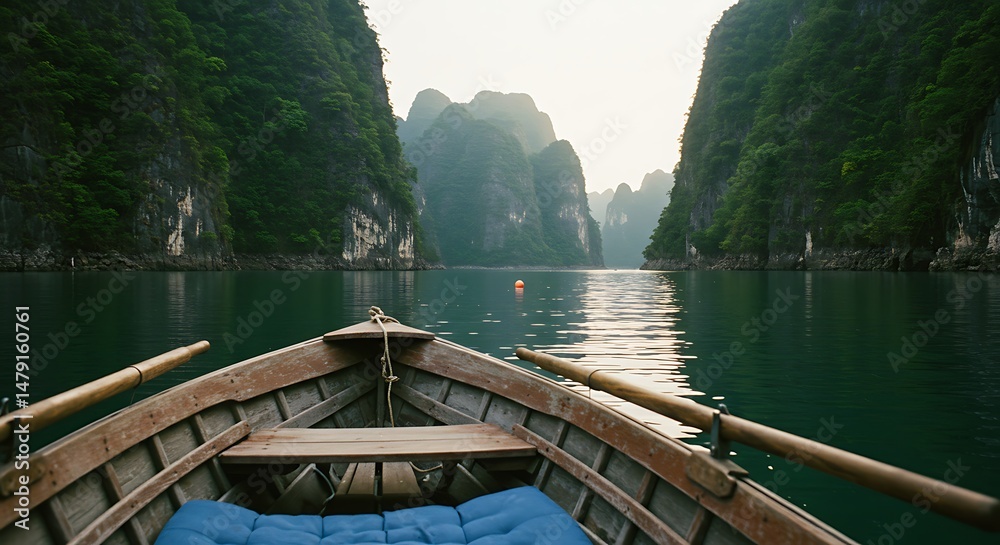 Fototapeta premium Weathered wooden rowboat with oars on a tranquil body of water.