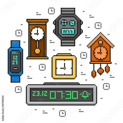 Round composition of clocks. Vector illustration in pixel style on white