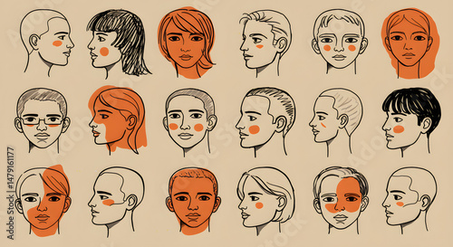 A funky, abstract digital drawing of overlapping human profiles, all lined up in a neat grid