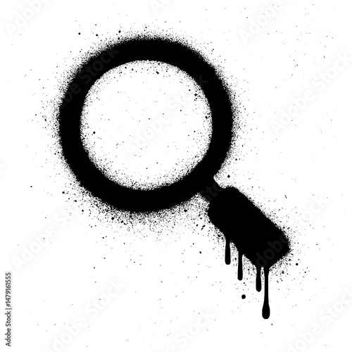 Creative black spray paint illustration of a magnifying glass with dripping paint and rough splatter effect. Perfect for urban, grunge, and street art design concepts.
