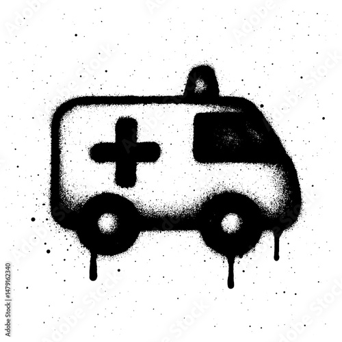 spray painted ambulance icon in a graffiti style on a white wall.
