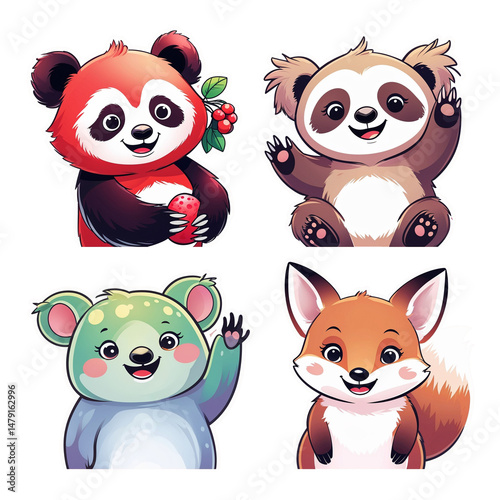 Unique Cute Animals Clipart: Red Panda, Axolotl, Sloth, Quokka, Fennec Fox – Pastel Stickers