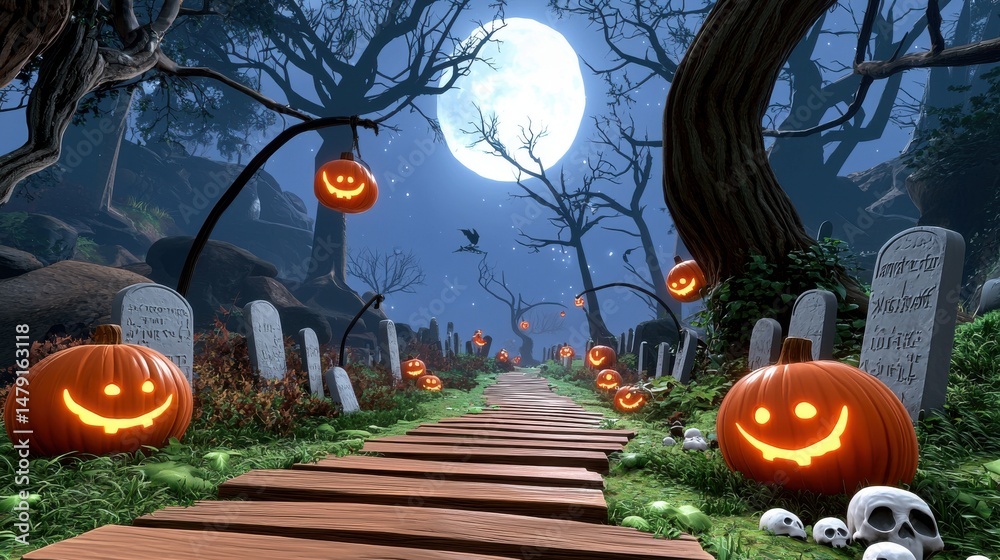 Fototapeta premium A spooky Halloween path leads through a graveyard at night illuminated by a full moon and jack-o'-lanterns hanging from bare trees casting an eerie glow on tombstones.