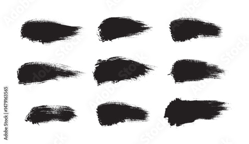Brush paint vector set. Messy ink brush strokes, Korean calligraphy strokes. Black abstract messy spot collection. Grungy frames pack. Sale promotion banner background	
