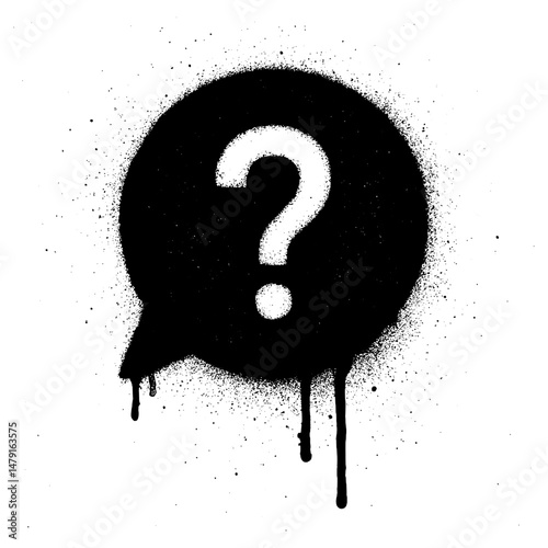 Grungy black and white graffiti style illustration of a question mark inside a speech bubble.