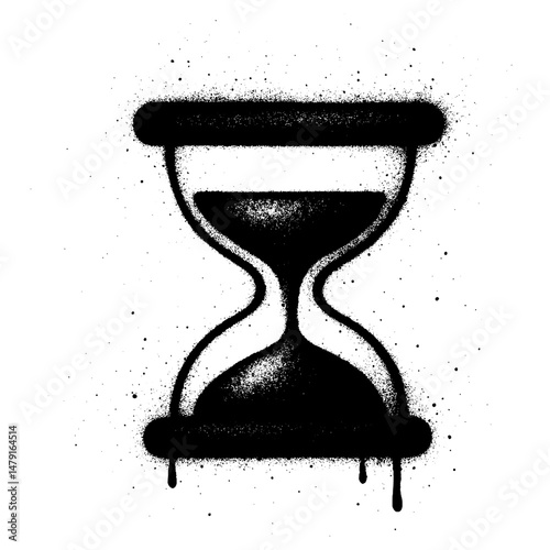 Creative black and white graffiti style illustration of an hourglass made with spray paint.