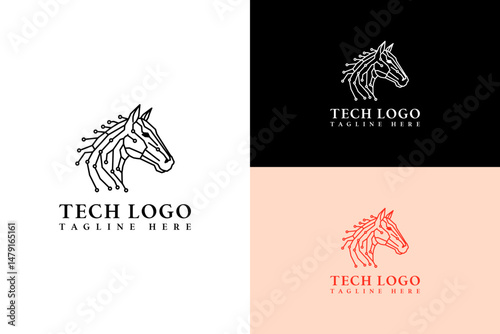 illustration of neural lines horse head design, minimalist, vector logo for machine learning, database, internet of things, artificial intelligence, cloud computing, tech, and more