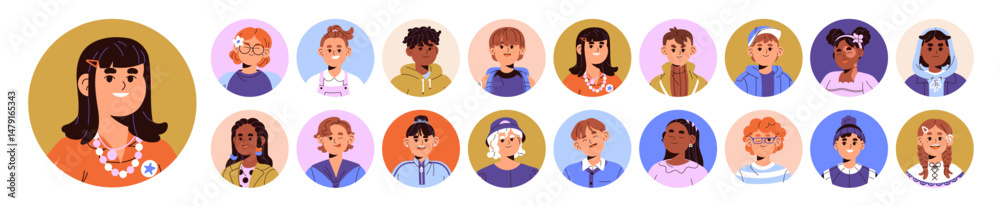 Set of children avatars with round shape. Colored circles with portraits of diverse happy kids. Cute faces of little boys and girls smiling. Flat isolated vector illustrations on white background